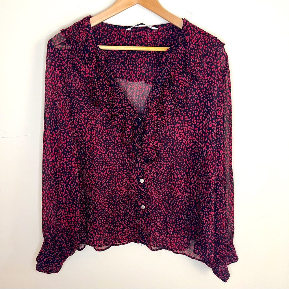 Zara black red ruffle animal print metallic thread size large button up blouse